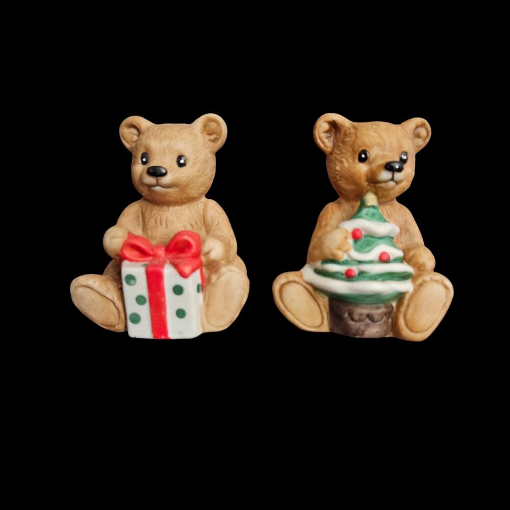 Vintage Christmas Teddy Bear Figurines Present Tree Holiday Decor Pair
